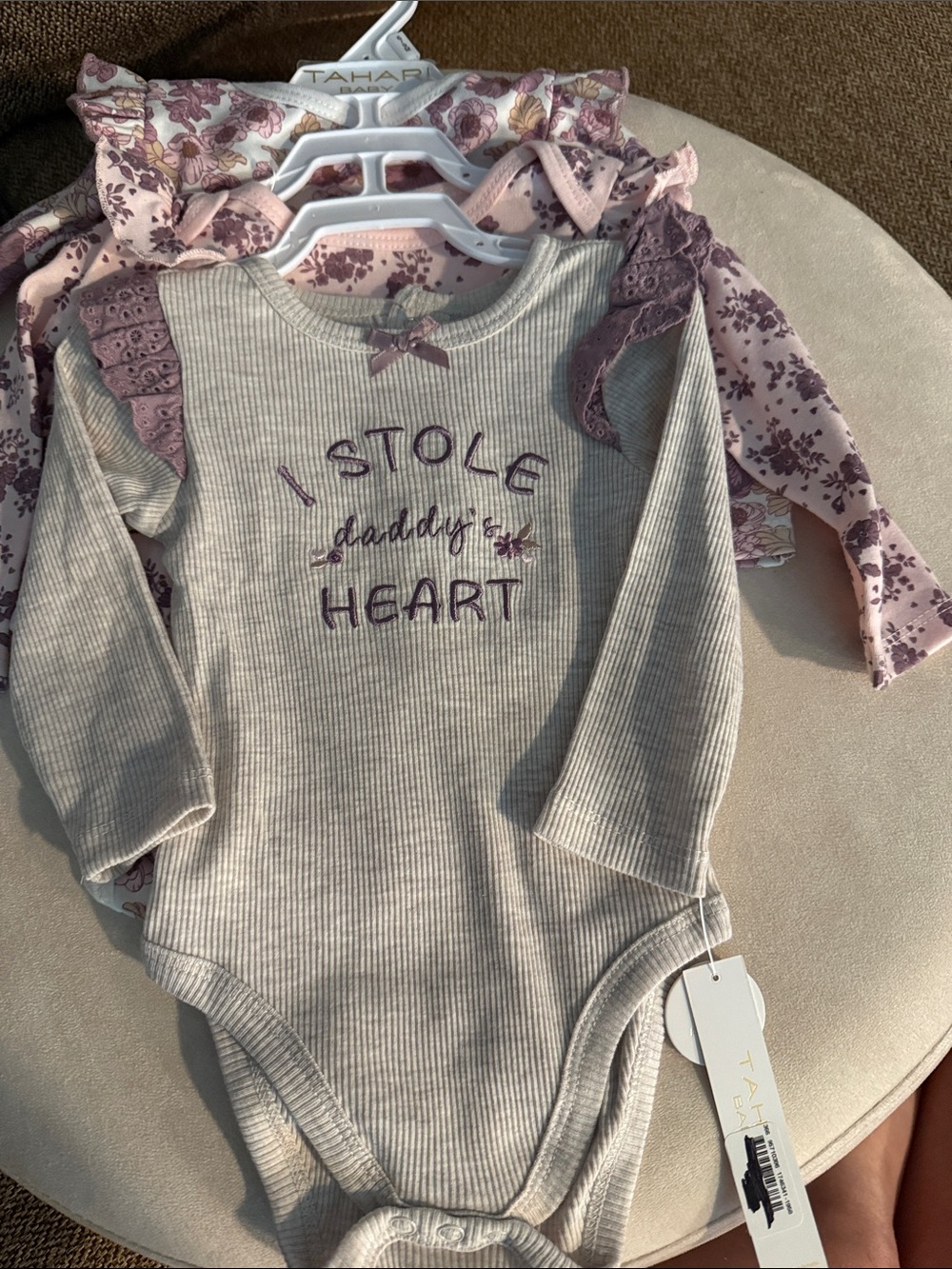 Tahari Cream Ribbed Baby Bodysuit with Mauve Accent